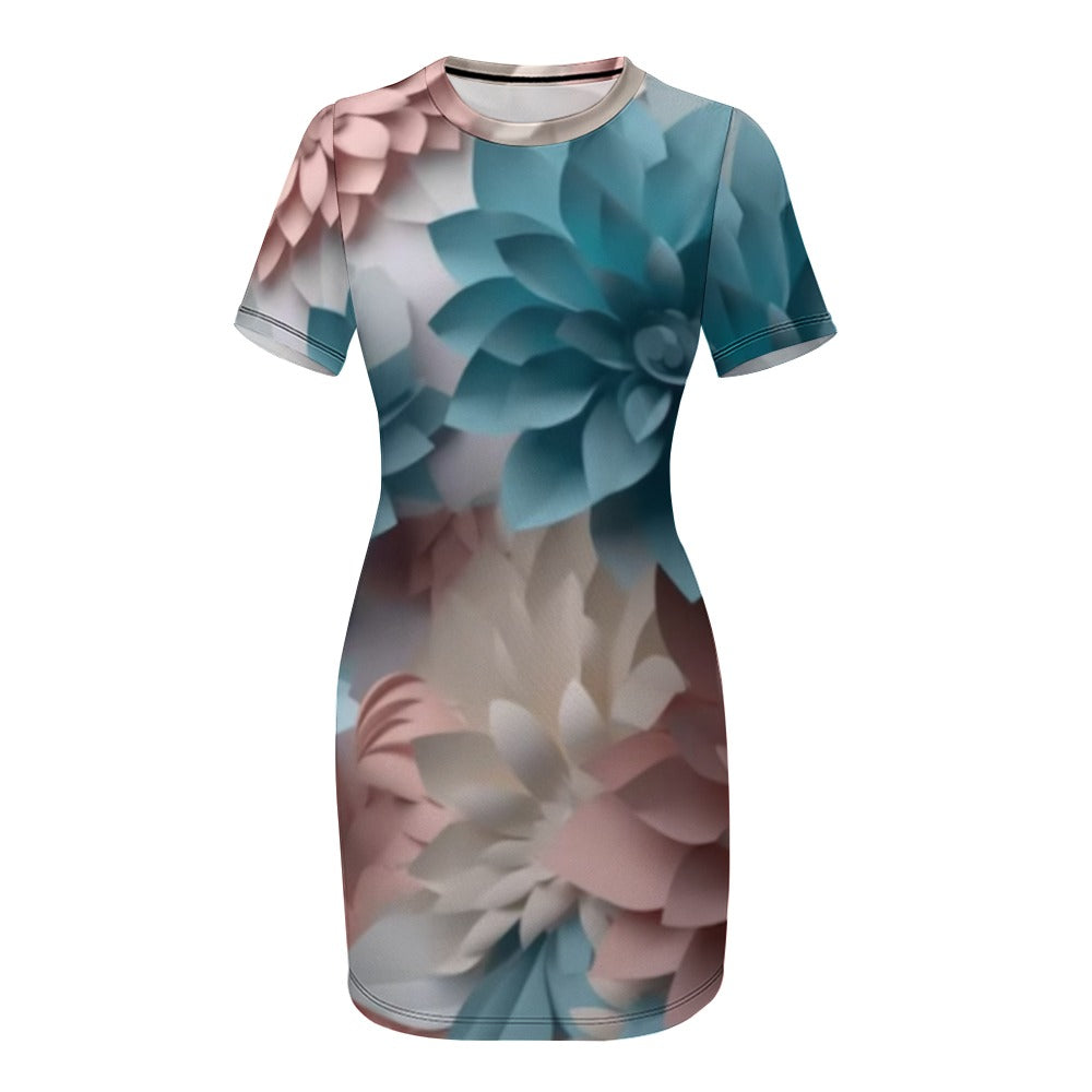 "Floral" Neck Short Sleeve Dress