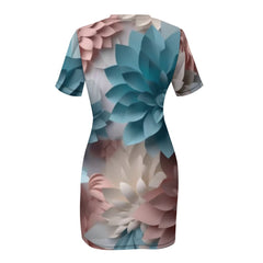 "Floral" Neck Short Sleeve Dress